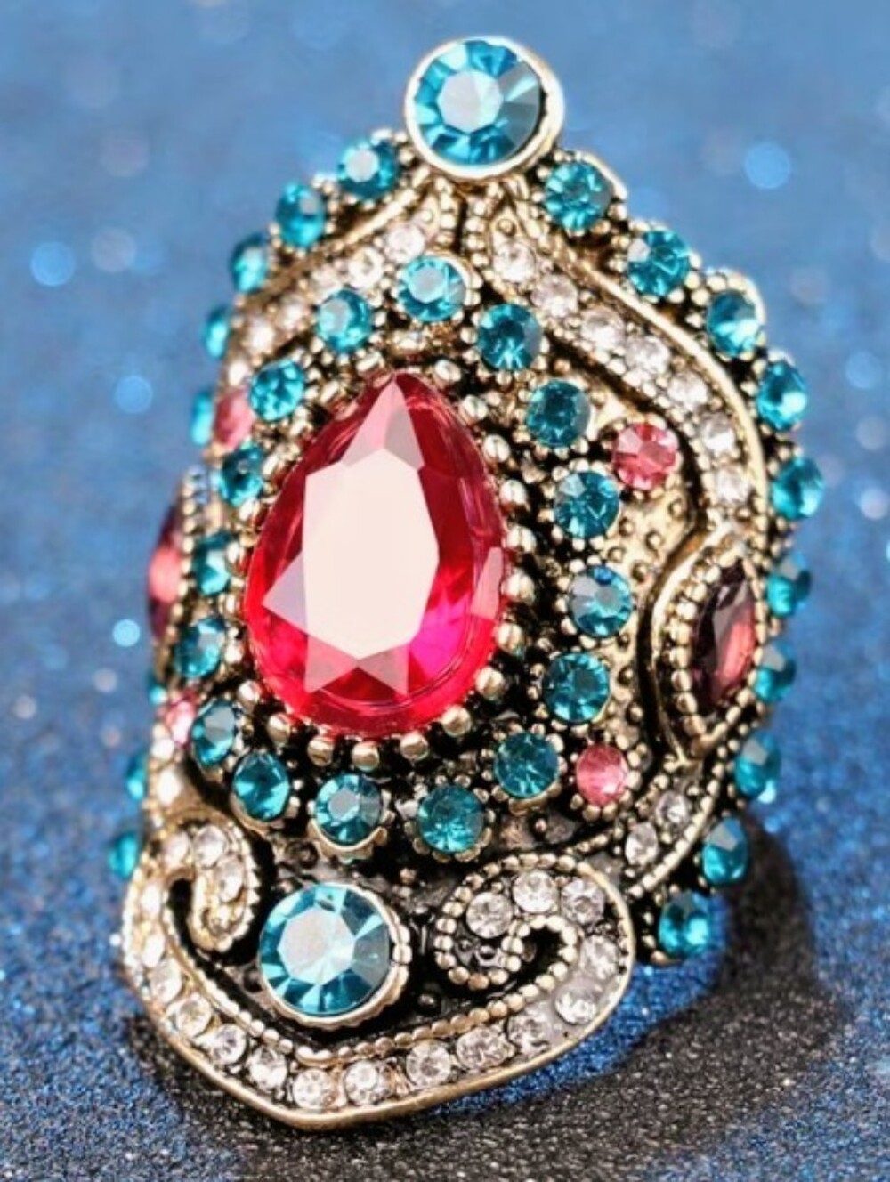 Vintage-Style Boho Statement Ring with Pink and Blue Crystals